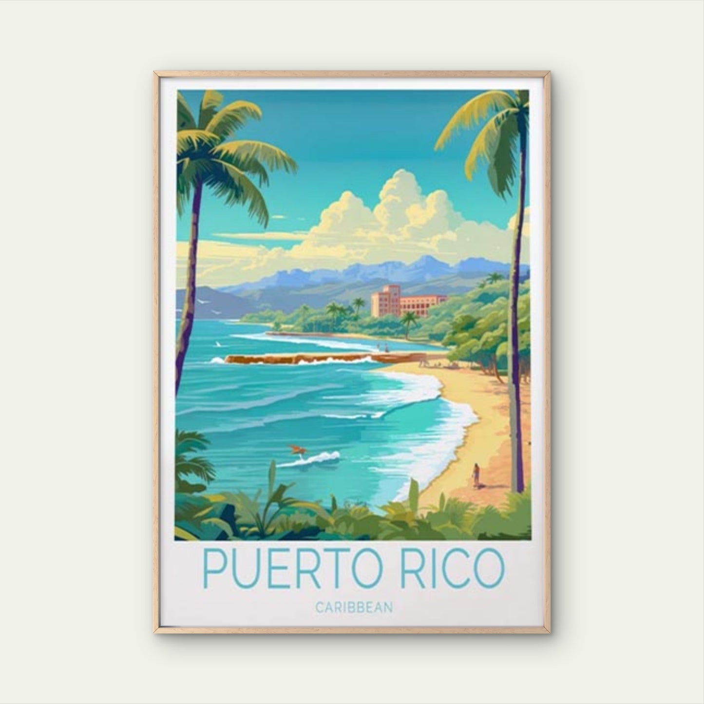 Puerto Rico Caribbean Beach & PalmTrees Travel Poster Print Wall Art - Bella Home Decor