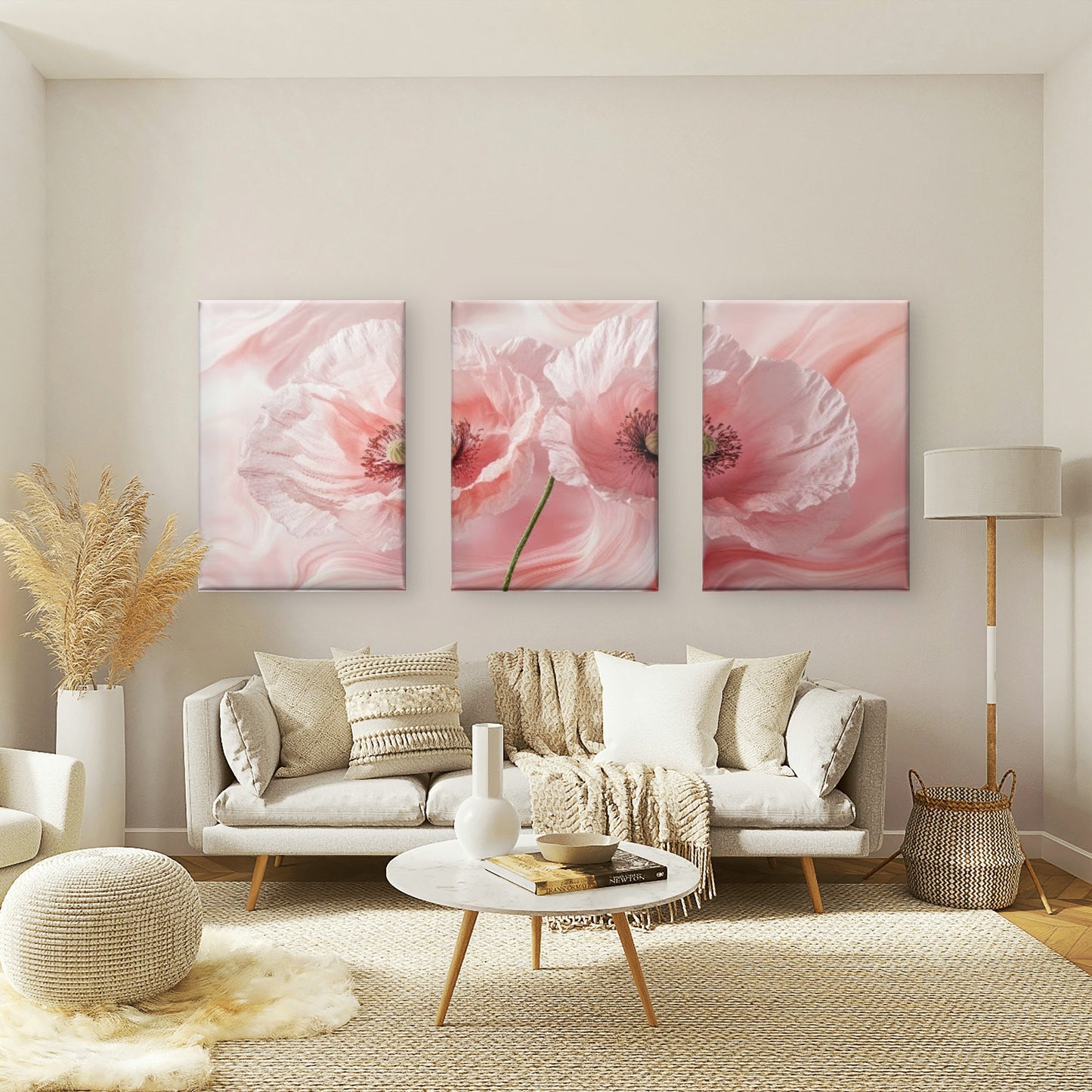 3pcs Blush Pink Poppy Floral Fluid Marble Botanical Romantic Watercolor Wall Art Set Canvas Framed 50x70cm - High Quality Print 100% Australian Made Wall Canvas Ready to Hang