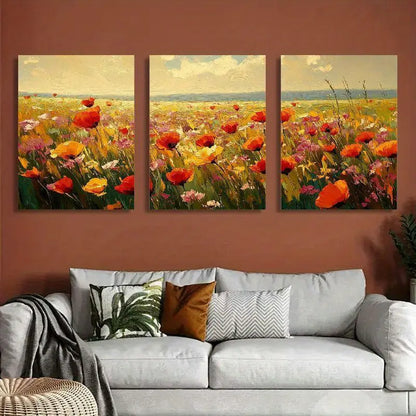3pcs Elegant Poppy Field Triptych Metal Print Ready to Hang Art