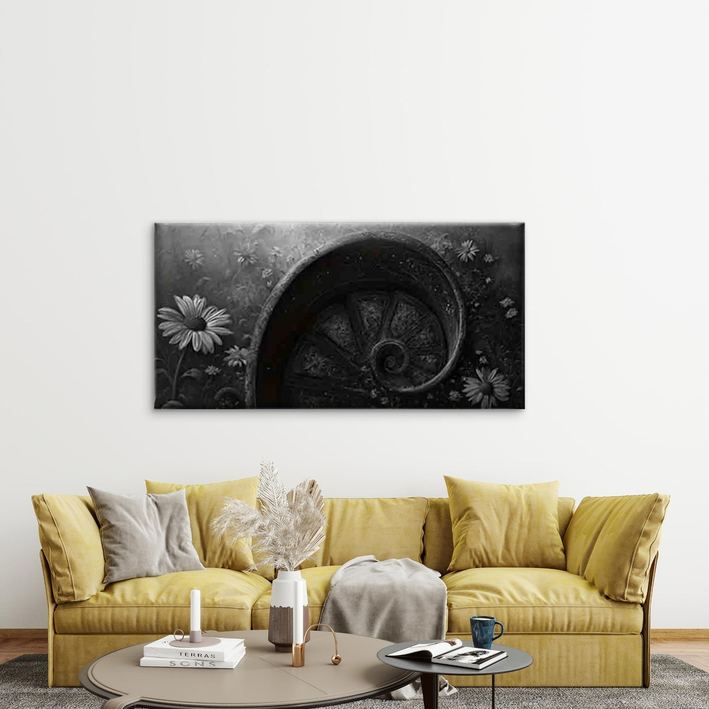 Spiral Staircase And Daisies Wall Art Canvas Office Home Room Framed 120x60cm - Bella Home Decor
