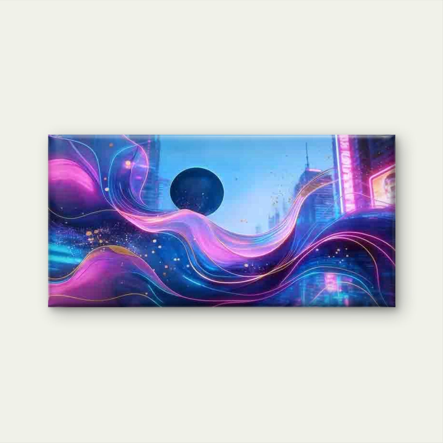 Neon Wave Futuristic City Wall Art Canvas Office Home Room Framed 120x60cm