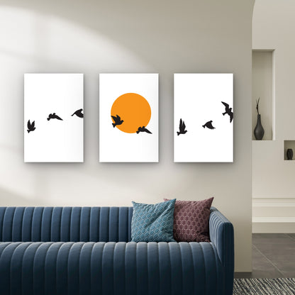 3pcs Minimalist Orange Sun Black Birds Flying Wall Art Set Canvas Framed 40x60cm - High Quality Print 100% Australian Made Wall Canvas Ready to Hang