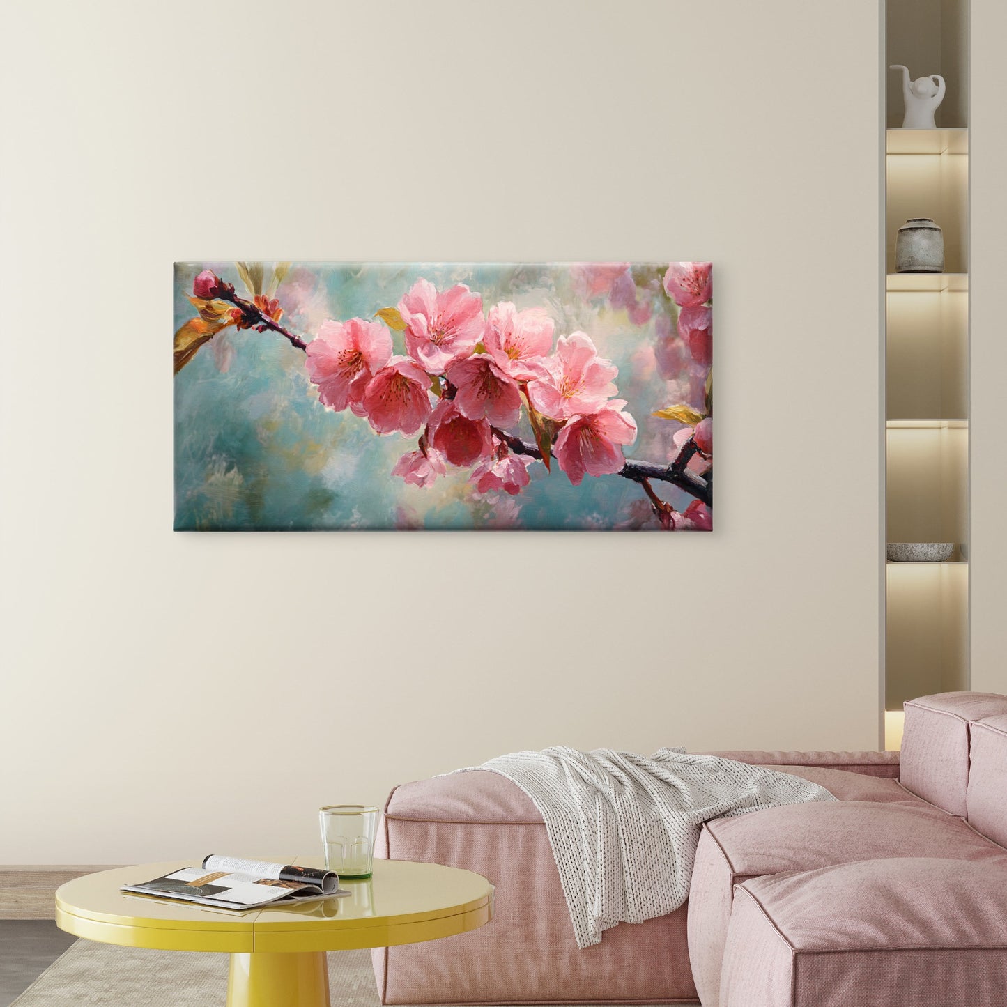 Pink Cherry Blossom Painting Wall Art Canvas Office Home Room Framed 120x60cm