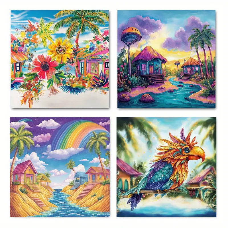 4pcs Island Charm Beach House Coconut Tree Wall Art Canvas Framed