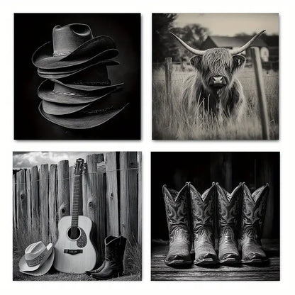 4pcs Western Cowboy Highland Cow Boots Straw Wall Art Canvas Framed