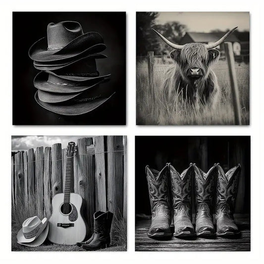 4pcs Western Cowboy Highland Cow Boots Straw Wall Art Canvas Framed