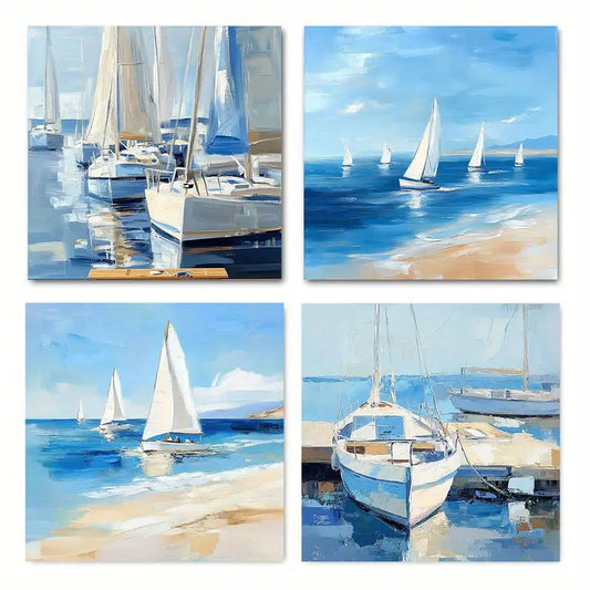 4pcs Vintage Abstract Coastal Sailboat Wall Art Canvas Framed