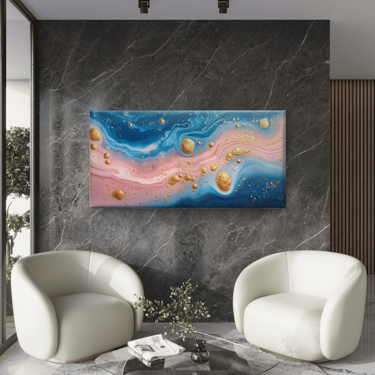 Blue And Rose Quartz Marble Wall Art Canvas Office Home Room Framed 120x60cm