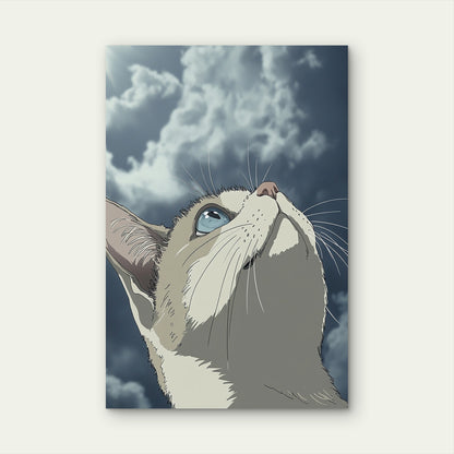 Illustration of a Cat Looking at Cloudy Sky 40x60cm Metal Print Ready to Hang