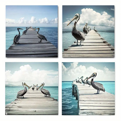 4pcs  Serene Sea & Perched Pelicans Scene   Wall Art Canvas Framed
