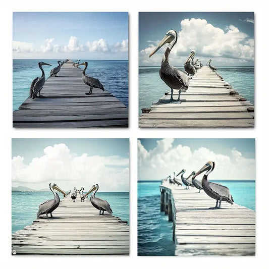 4pcs  Serene Sea & Perched Pelicans Scene   Wall Art Canvas Framed