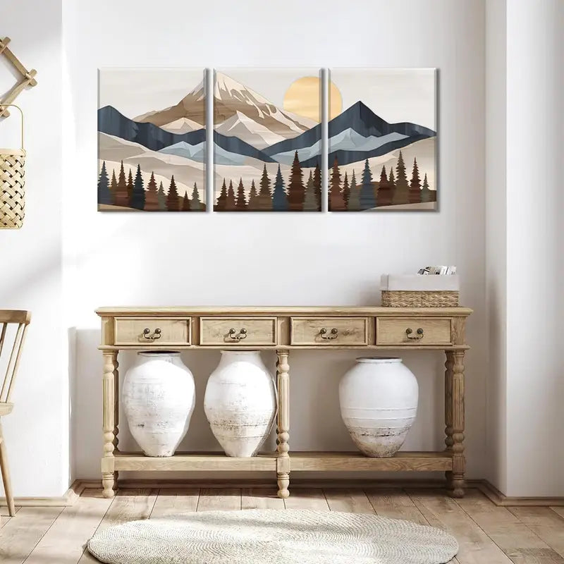 3pcs Abstract Mountains Prints Landscape Metal Print Ready to Hang Art - Bella Home Decor