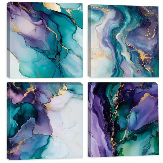 4pcs Golden Accents Square Wall Art Canvas Framed