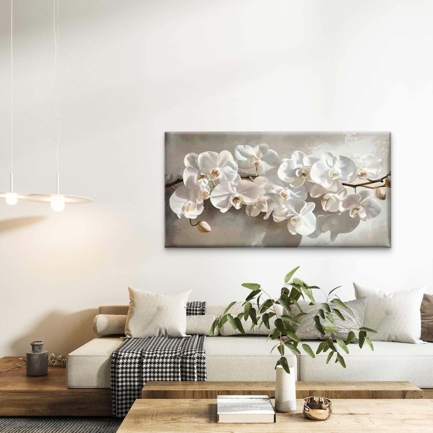 Elegant Minimalist White Flower Wall Art Canvas Office Home Room Framed 120x60cm - Bella Home Decor