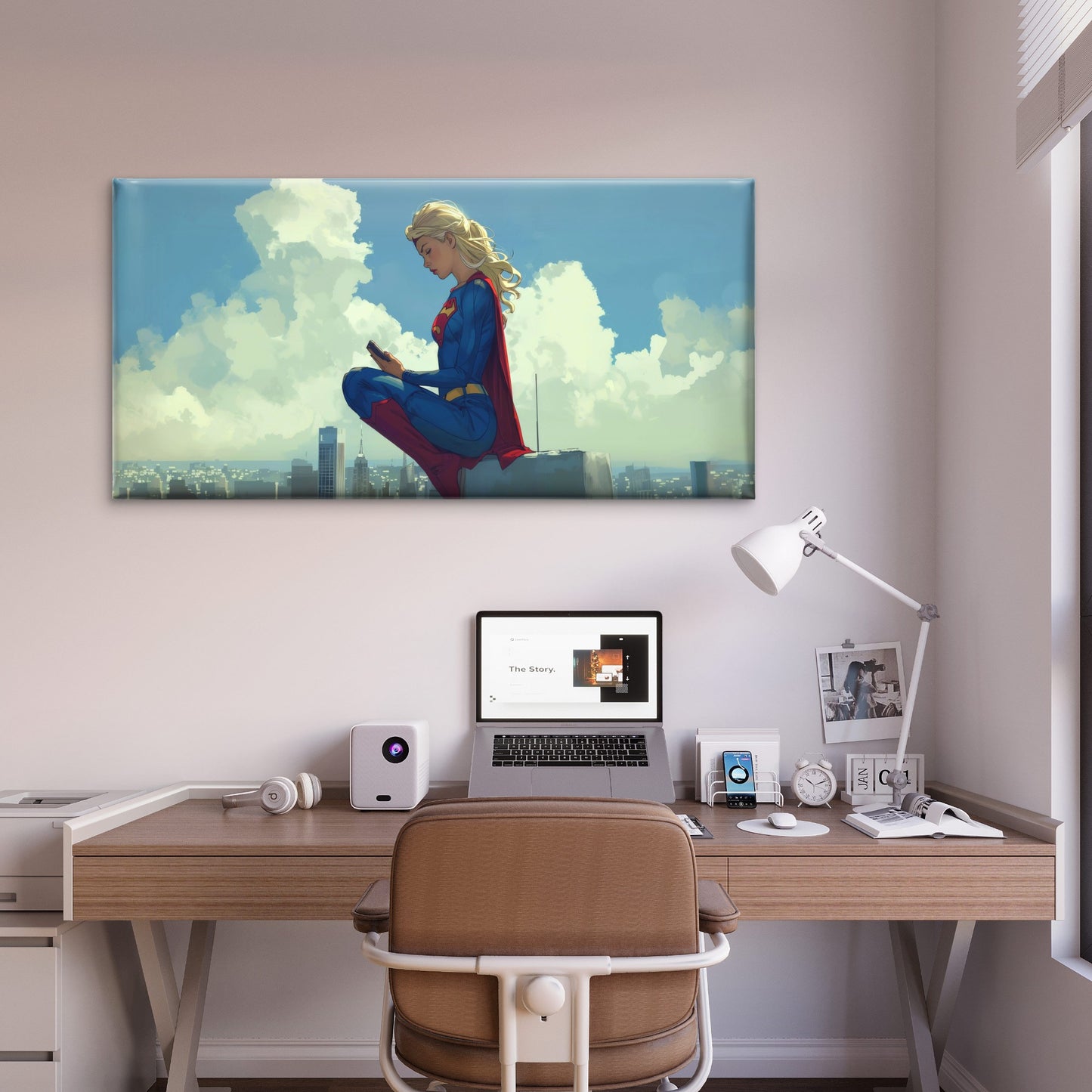 Super Heroine City Skyline Wall Art Canvas Office Home Room Framed 120x60cm