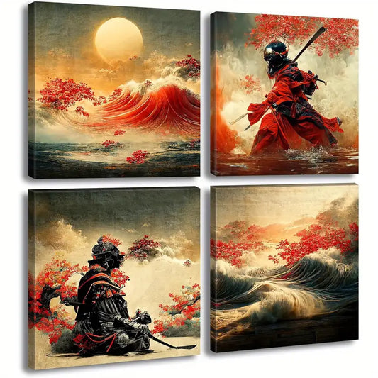 4pcs Japanese Armored Samurai Art Wall Art Canvas Framed