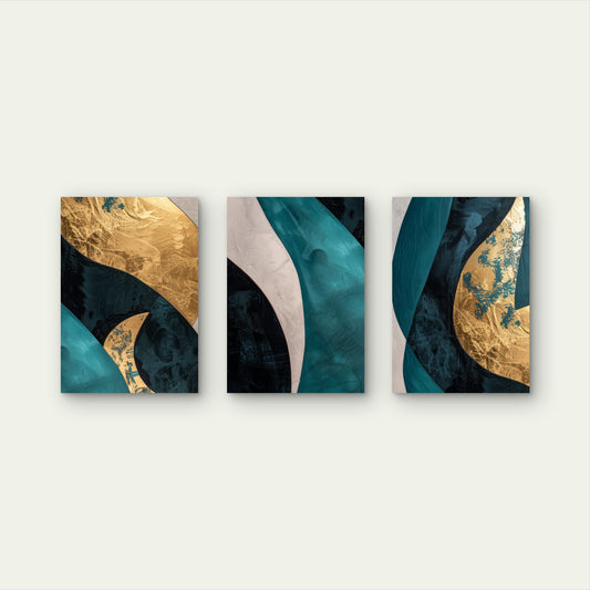 3pcs Teal Gold Abstract Marble Wave Fluid Wall Art Set Canvas Framed 50x70cm - High Quality Print 100% Australian Made Wall Canvas Ready to Hang