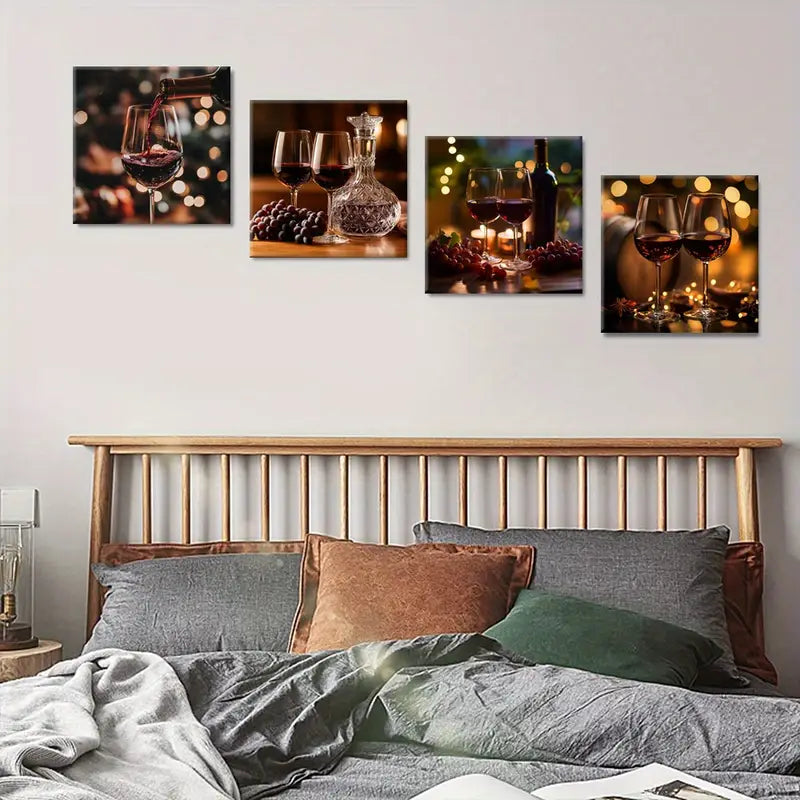 4pcs  Grapes Square Red Wine  Wall Art Canvas Framed