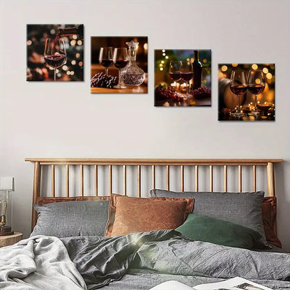 4pcs  Grapes Square Red Wine  Wall Art Canvas Framed