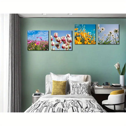 4pcs  Colorful Flowers,Tulips Wall Art Canvas Framed