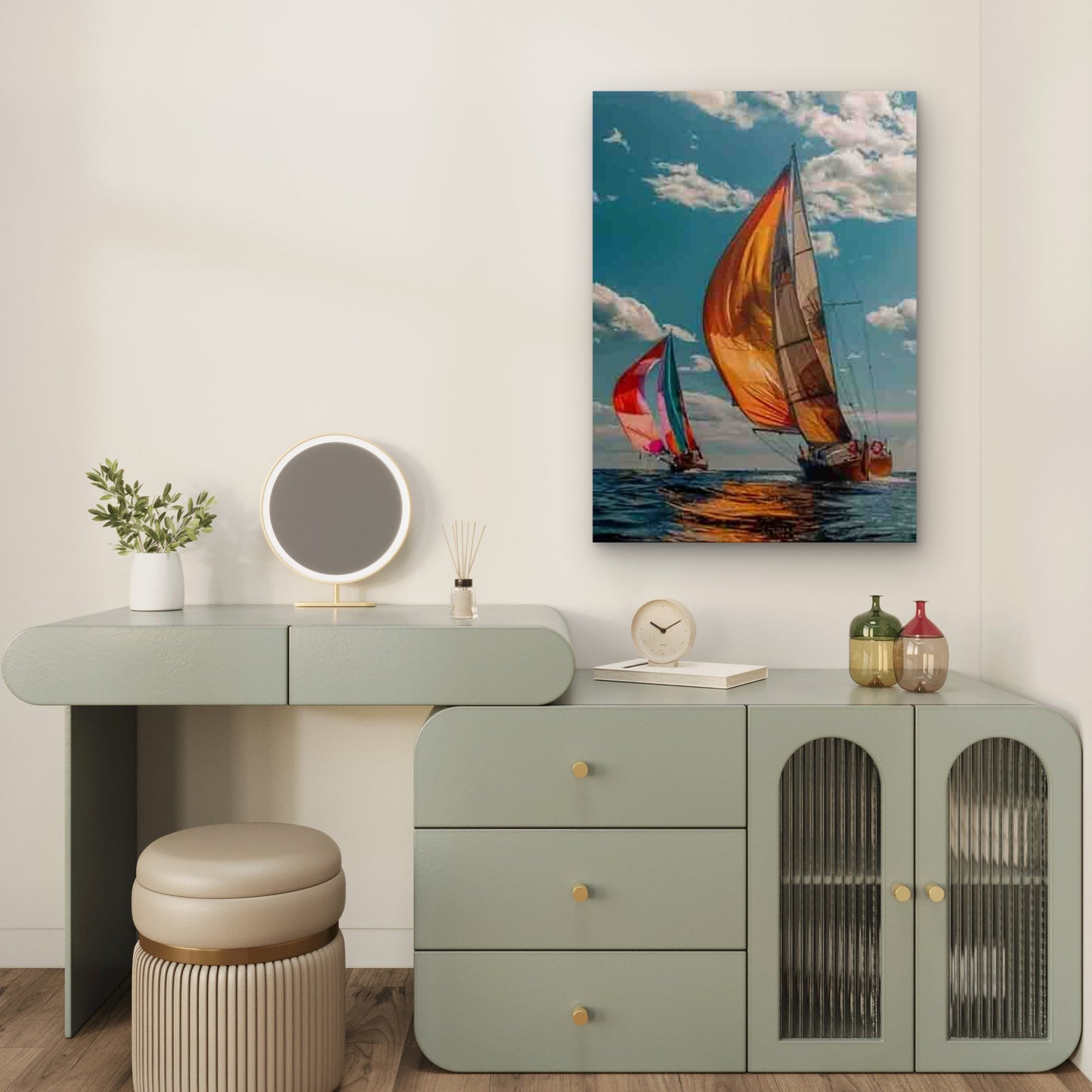 Sailboats with Colorful Sails on Blue Sea Metal Print Ready to Hang - Bella Home Decor