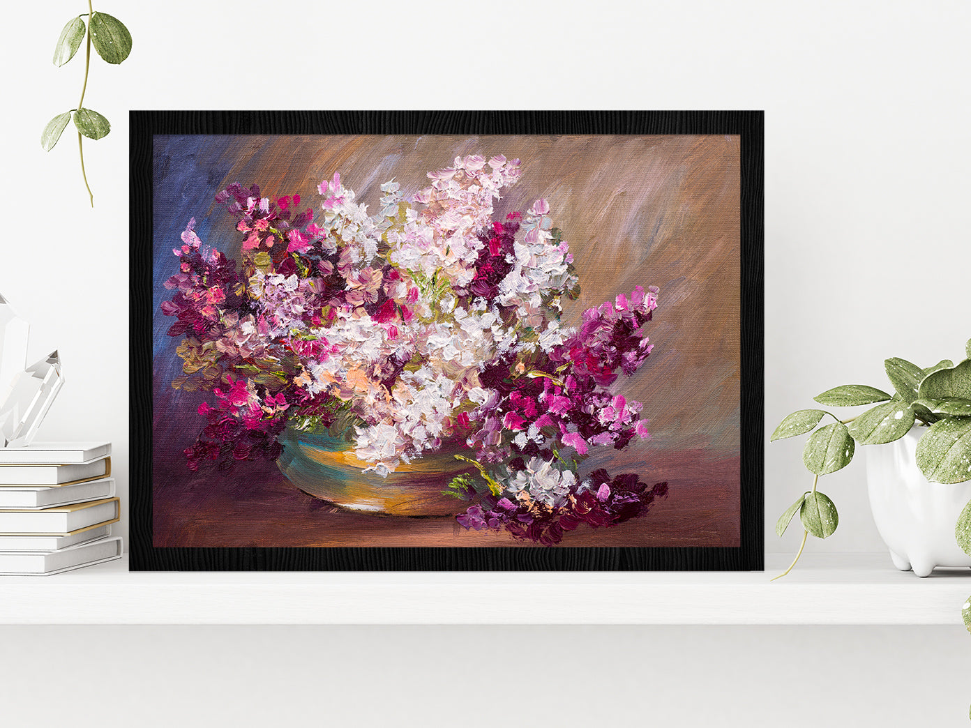 Bouquet Of Lilac Flower Vase, Colorful Still Life Glass Framed Wall Art, Ready to Hang Quality Print Without White Border Black