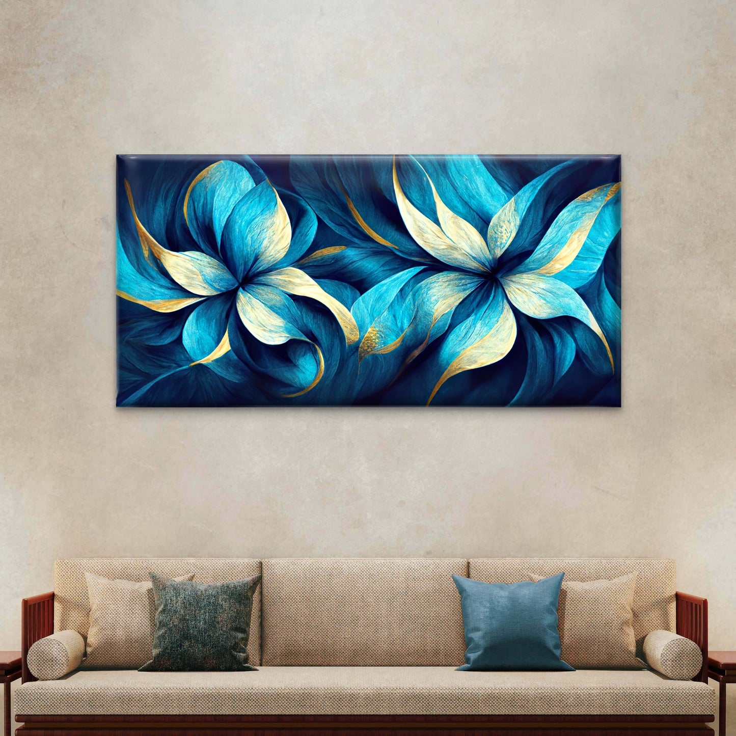 Luxury Teal Gold Floral Petals Wall Art Canvas Office Home Room Framed 120x60cm - Bella Home Decor