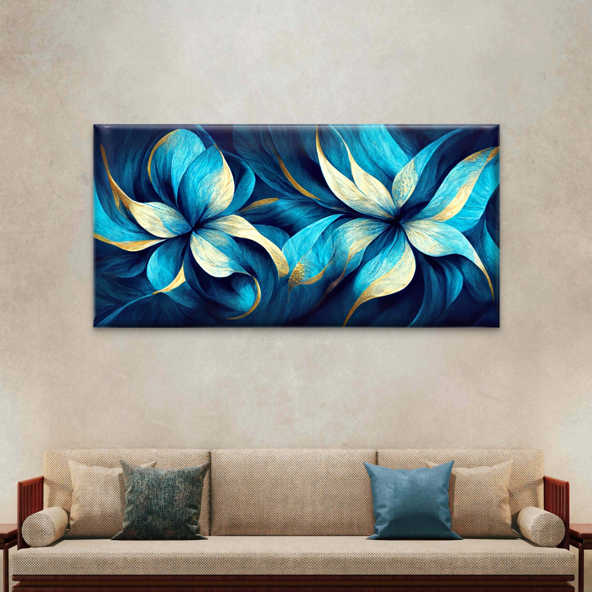Luxury Teal Gold Floral Petals Wall Art Canvas Office Home Room Framed 120x60cm - Bella Home Decor