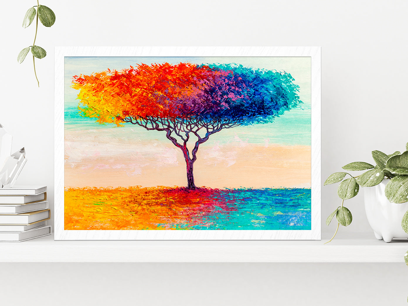 Blue, Red, Yellow Abstract Colorful Tree Glass Framed Wall Art, Ready to Hang Quality Print Without White Border White