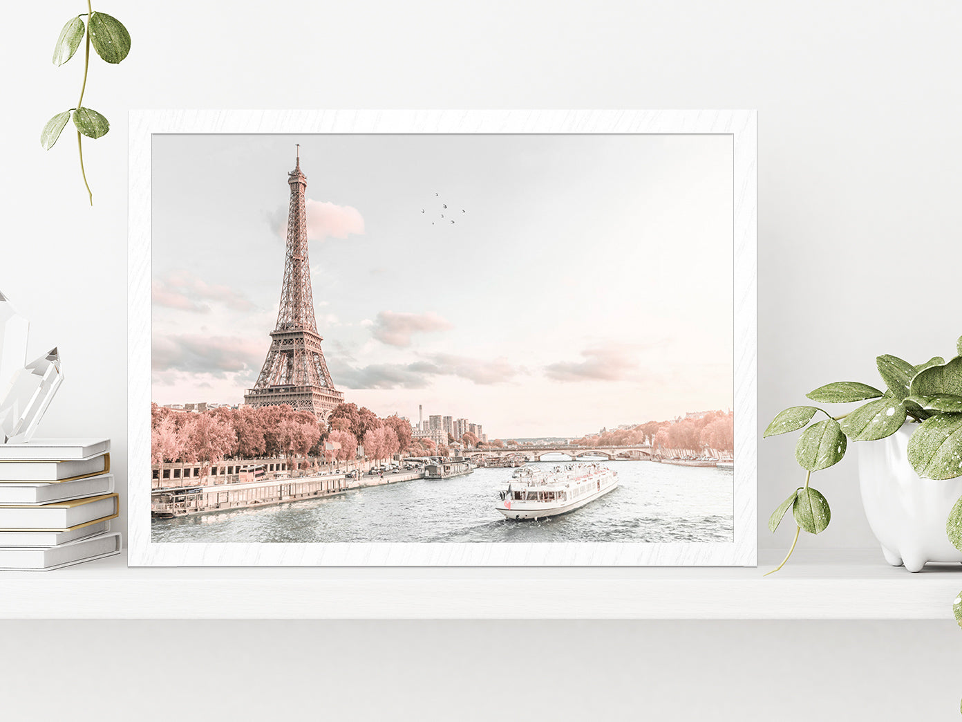 Eiffel Tower & Paris Lake View Faded Photograph Glass Framed Wall Art, Ready to Hang Quality Print Without White Border White