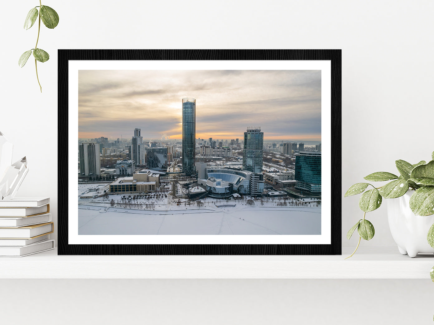 Yekaterinburg Cityscape In Winter Glass Framed Wall Art, Ready to Hang Quality Print With White Border Black