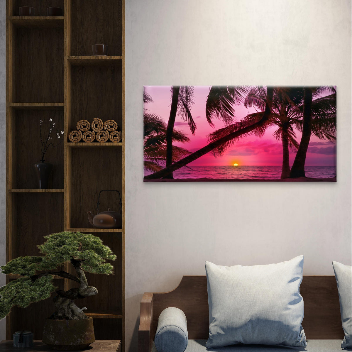 Tropical Pink Sunset Beach Palm Tree Wall Art Canvas Office Home Framed 120x60cm