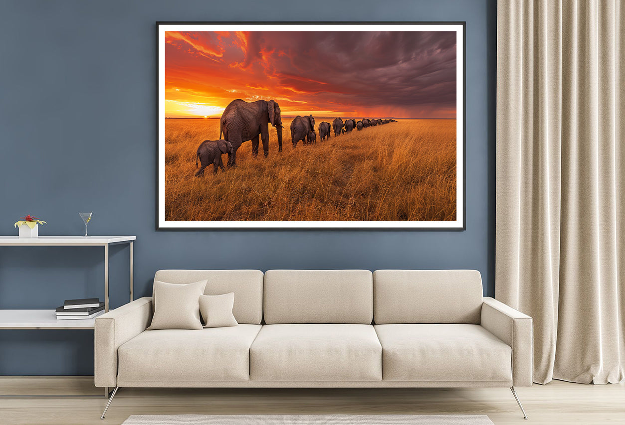 A Herd of Elephants Moving Across an Open Field Home Decor Premium Quality Poster Print Choose Your Sizes