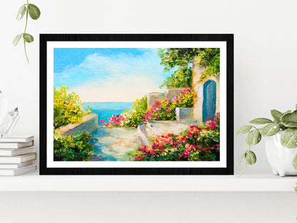 Colorful Flowers In House Garden & Near The Sea Glass Framed Wall Art, Ready to Hang Quality Print With White Border Black