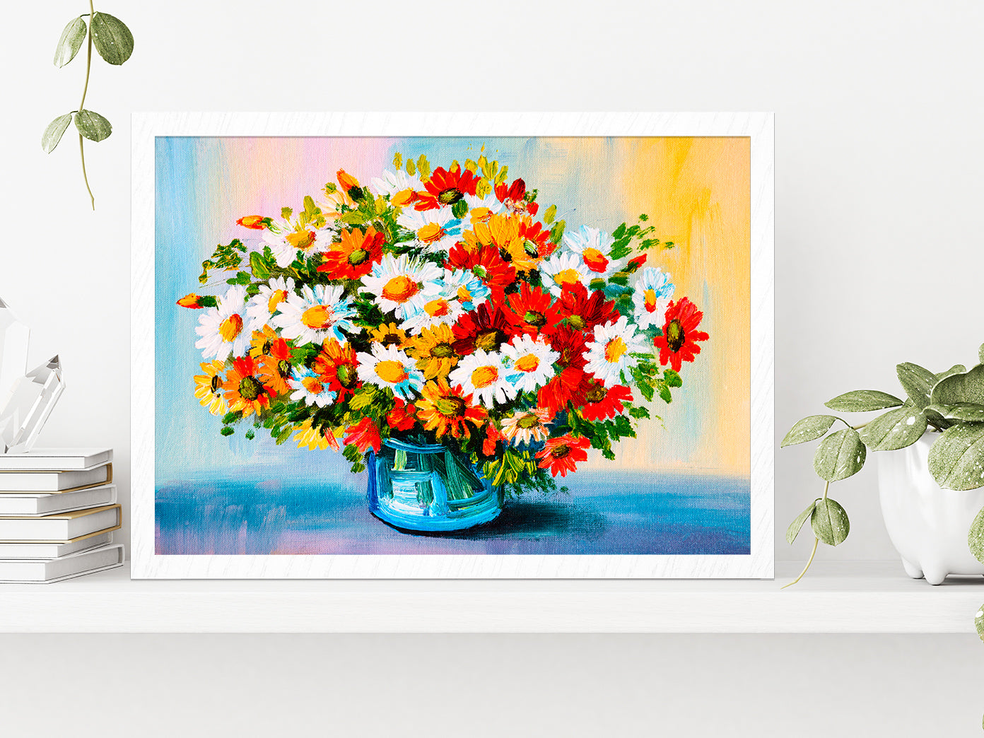 Bouquet Of Flowers Oil Painting Glass Framed Wall Art, Ready to Hang Quality Print Without White Border White