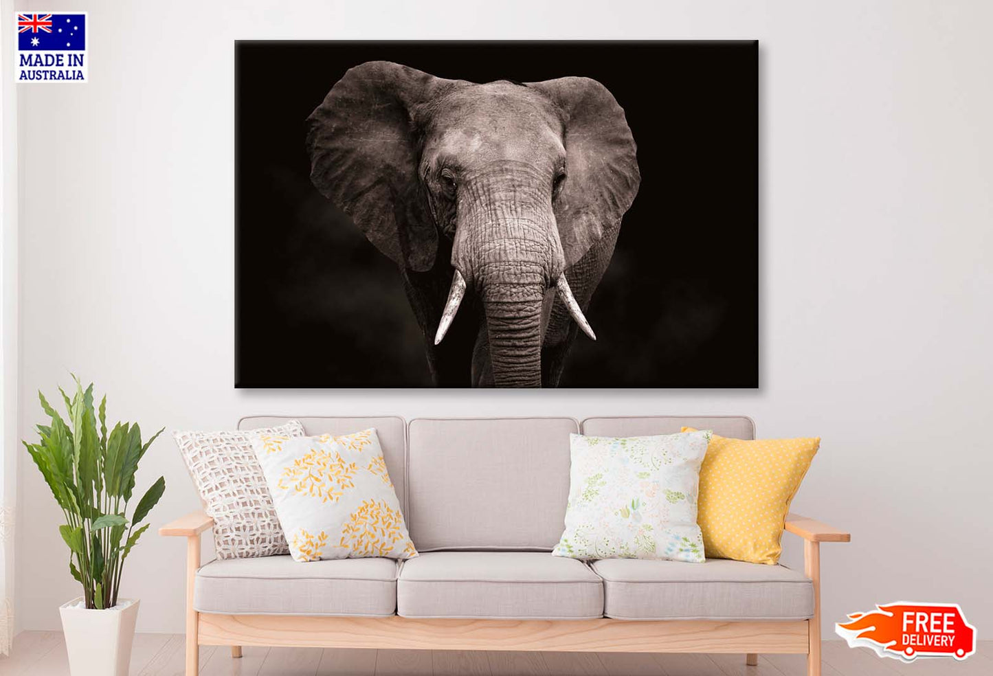 Elephant With Tusks Walking in Dark Wall Art Decor 100% Australian Made - Bella Home Decor