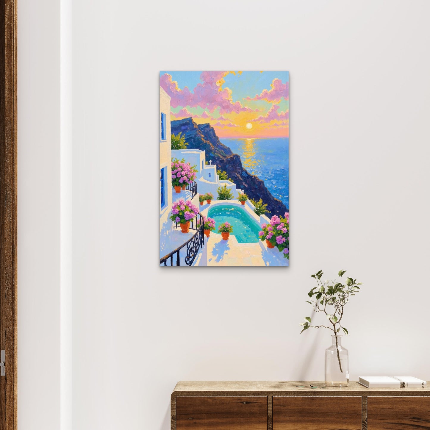 Santorini Cliff Pool Ocean Sunset 60x90cm Metal Print Ready to Hang