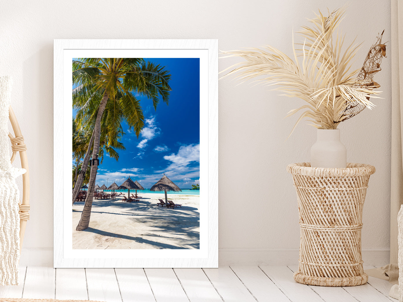 Tropical Beach in Maldives with Palm Trees Photograph Glass Framed Wall Art, Ready to Hang Quality Print With White Border White