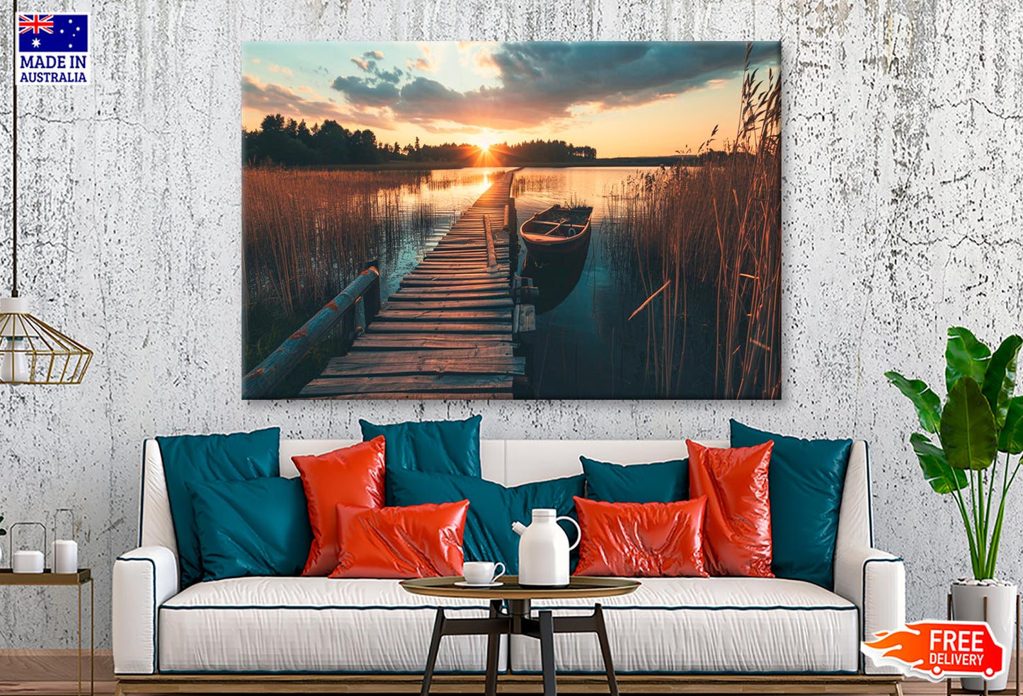 Boat On Lake & Forest View Wall Art Decor 100% Australian Made