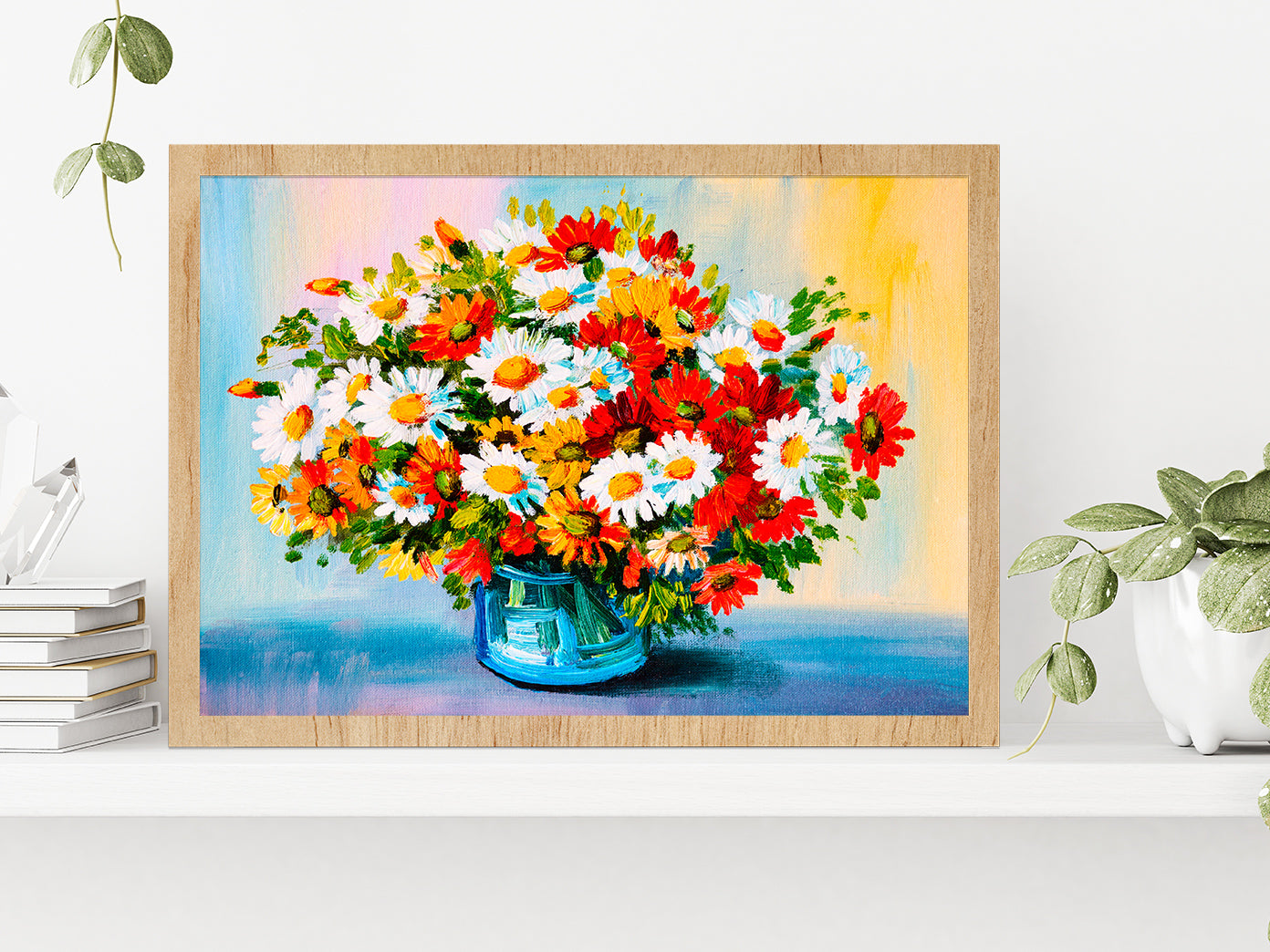 Bouquet Of Flowers Oil Painting Glass Framed Wall Art, Ready to Hang Quality Print Without White Border Oak