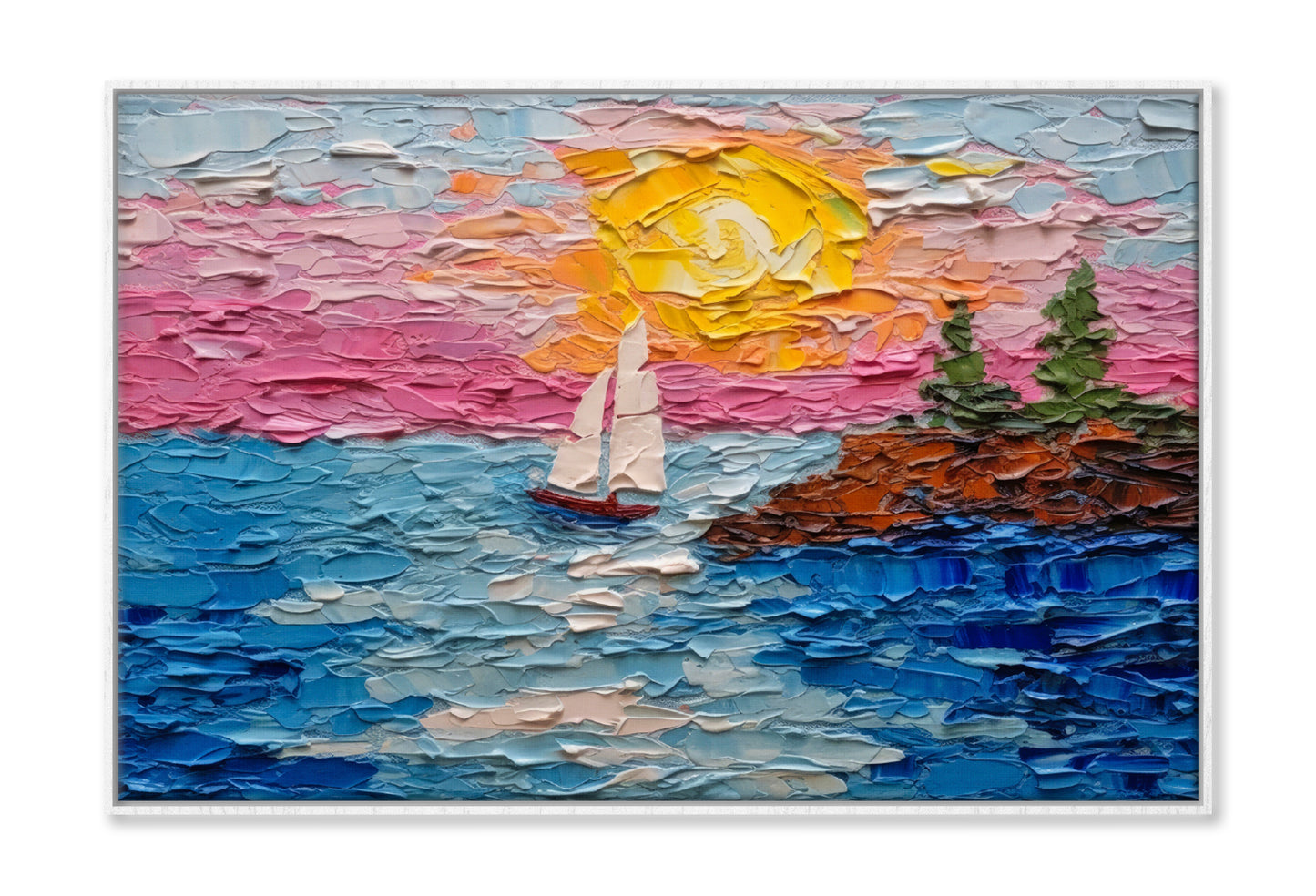 Boats on Sea & Colorful Sky Oil Painting Wall Art Limited Edition High Quality Print Canvas Box Framed White