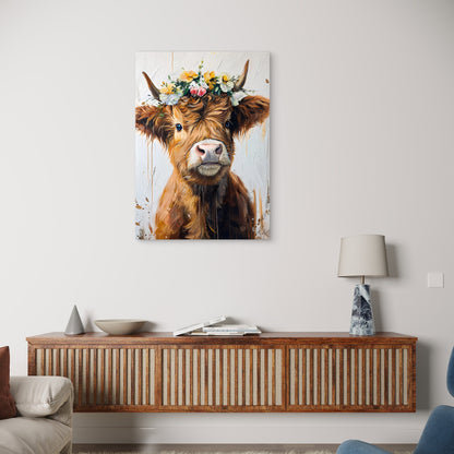 Cow with Flower Crown 60x90cm Metal Print Ready to Hang - Bella Home Decor