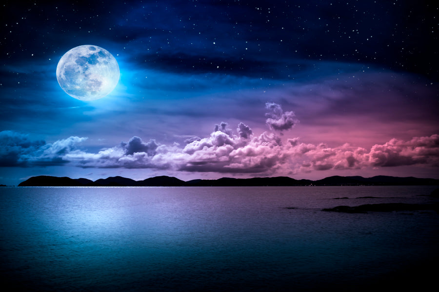 Landscape Of Sky with Full Moon on Seascape to Night Home Decor Premium Quality Poster Print Choose Your Sizes