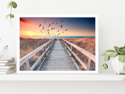 Sunset At Wooden Beach Way Glass Framed Wall Art, Ready to Hang Quality Print Without White Border White