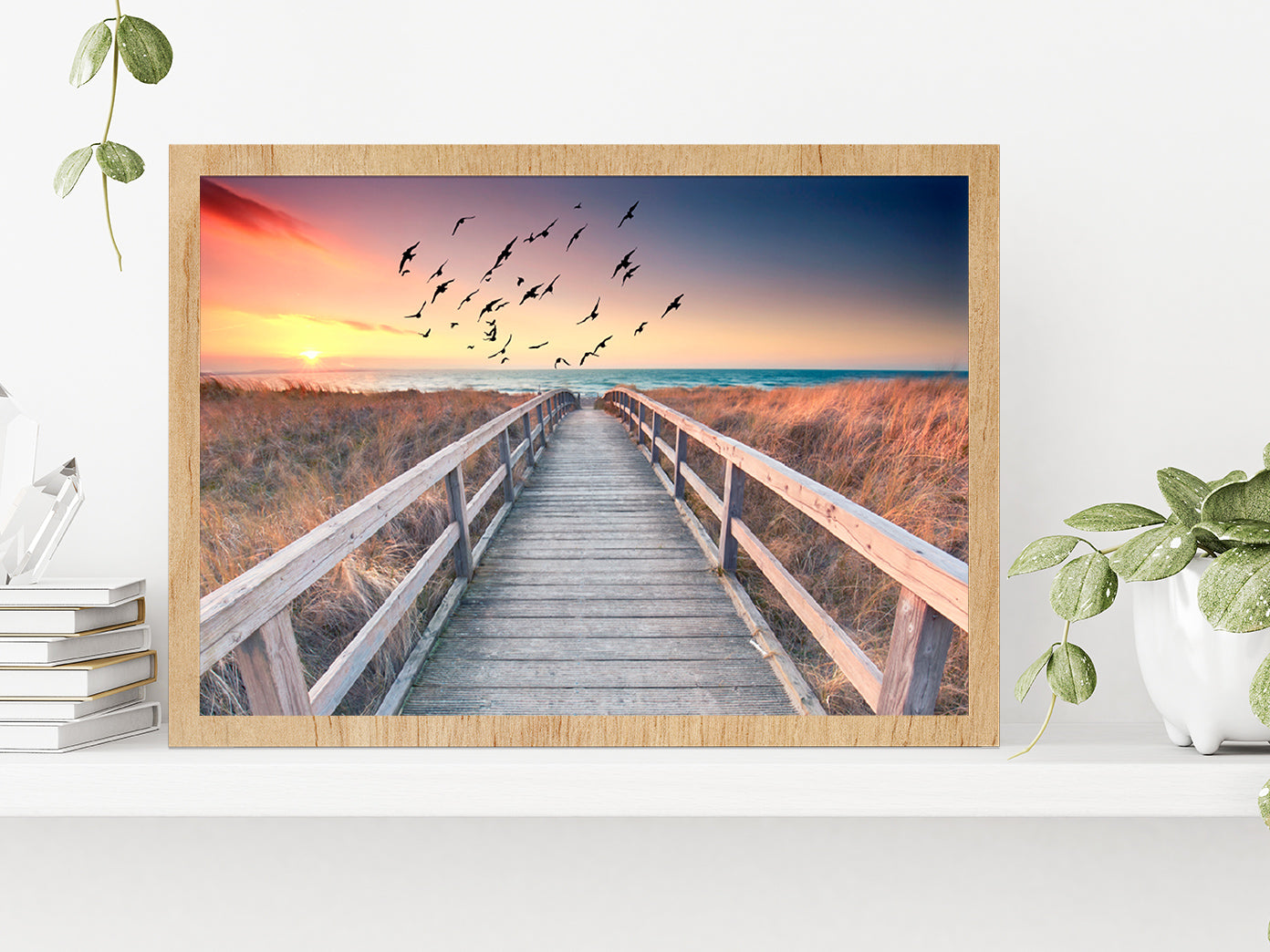 Sunset At Wooden Beach Way Glass Framed Wall Art, Ready to Hang Quality Print Without White Border Oak