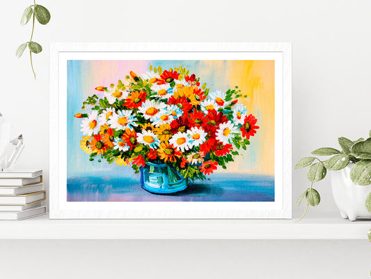 Bouquet Of Flowers Oil Painting Glass Framed Wall Art, Ready to Hang Quality Print With White Border White