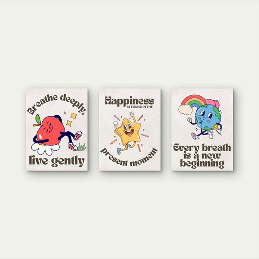 3pcs Vintage Happy Affirmations Mindful Quotes Painting Wall Art Set Canvas Framed 40x60cm - High Quality Print 100% Australian Made Wall Canvas Ready to Hang