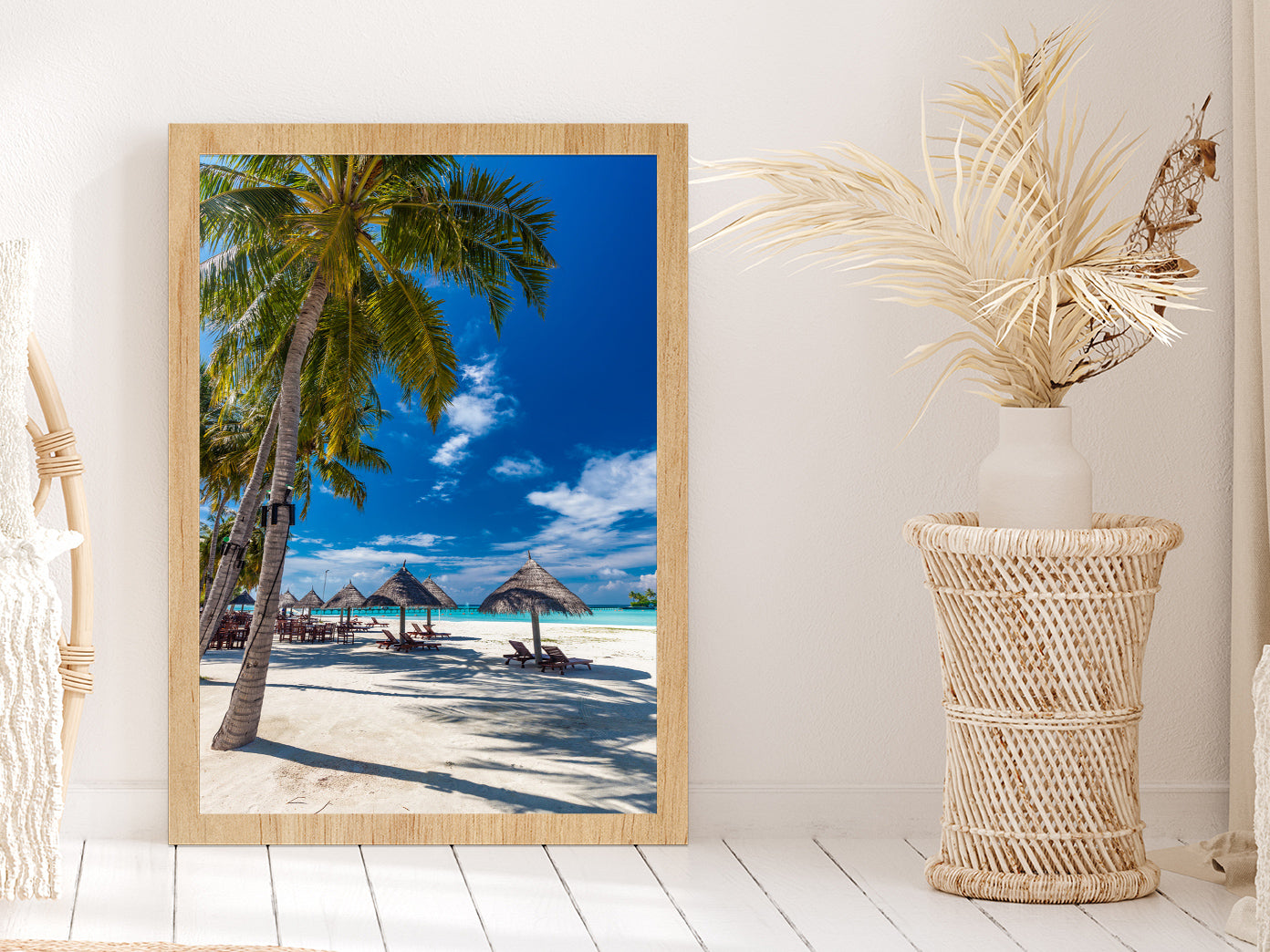 Tropical Beach in Maldives with Palm Trees Photograph Glass Framed Wall Art, Ready to Hang Quality Print Without White Border Oak