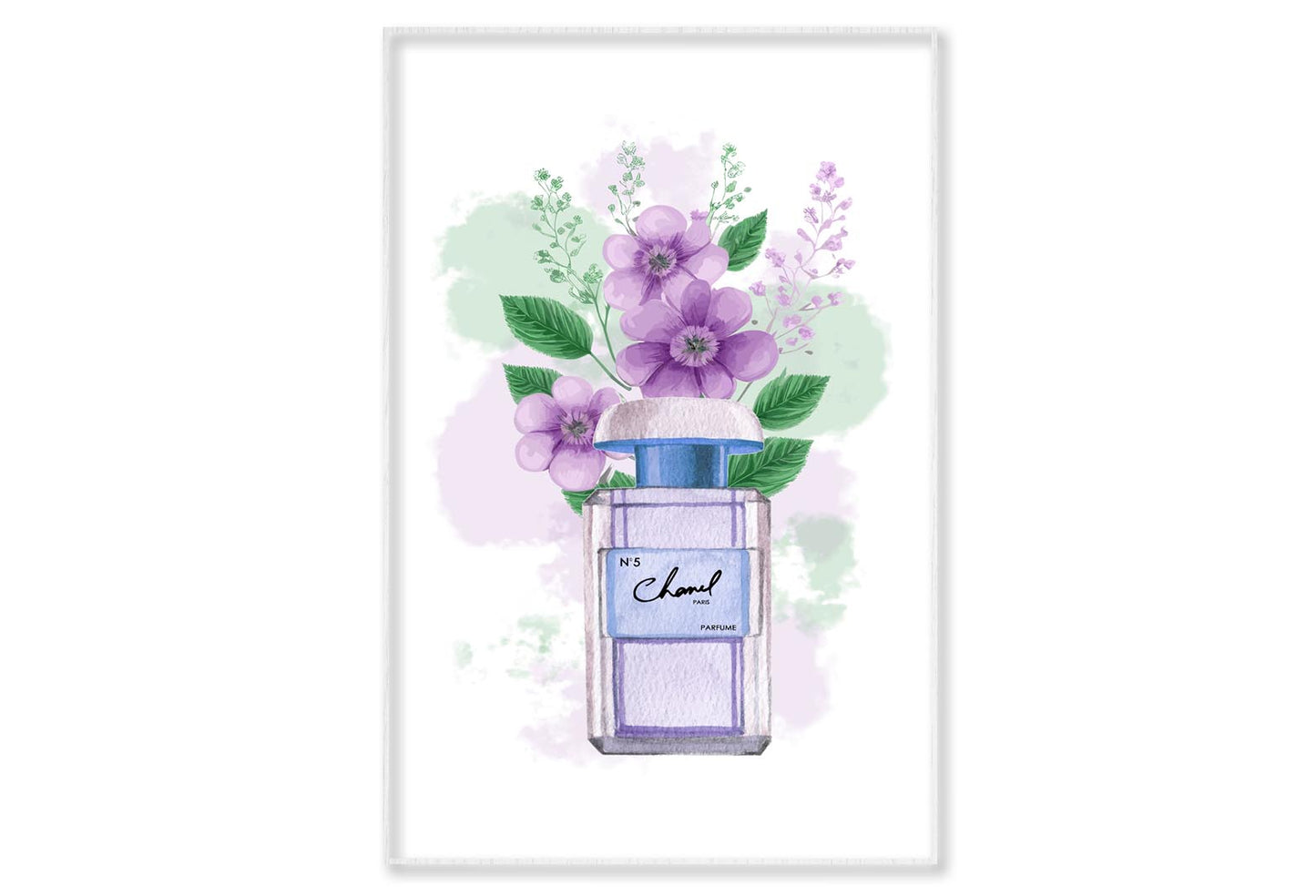 Purple Perfume with Green Leaves Wall Art Limited Edition High Quality Print Canvas Box Framed White