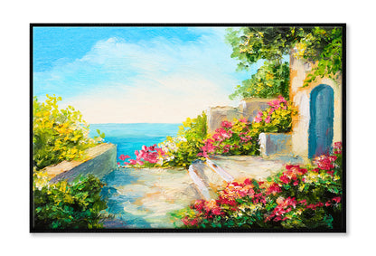 Colorful Flowers In House Garden & Near The Sea Oil Painting Wall Art Limited Edition High Quality Print Canvas Box Framed Black